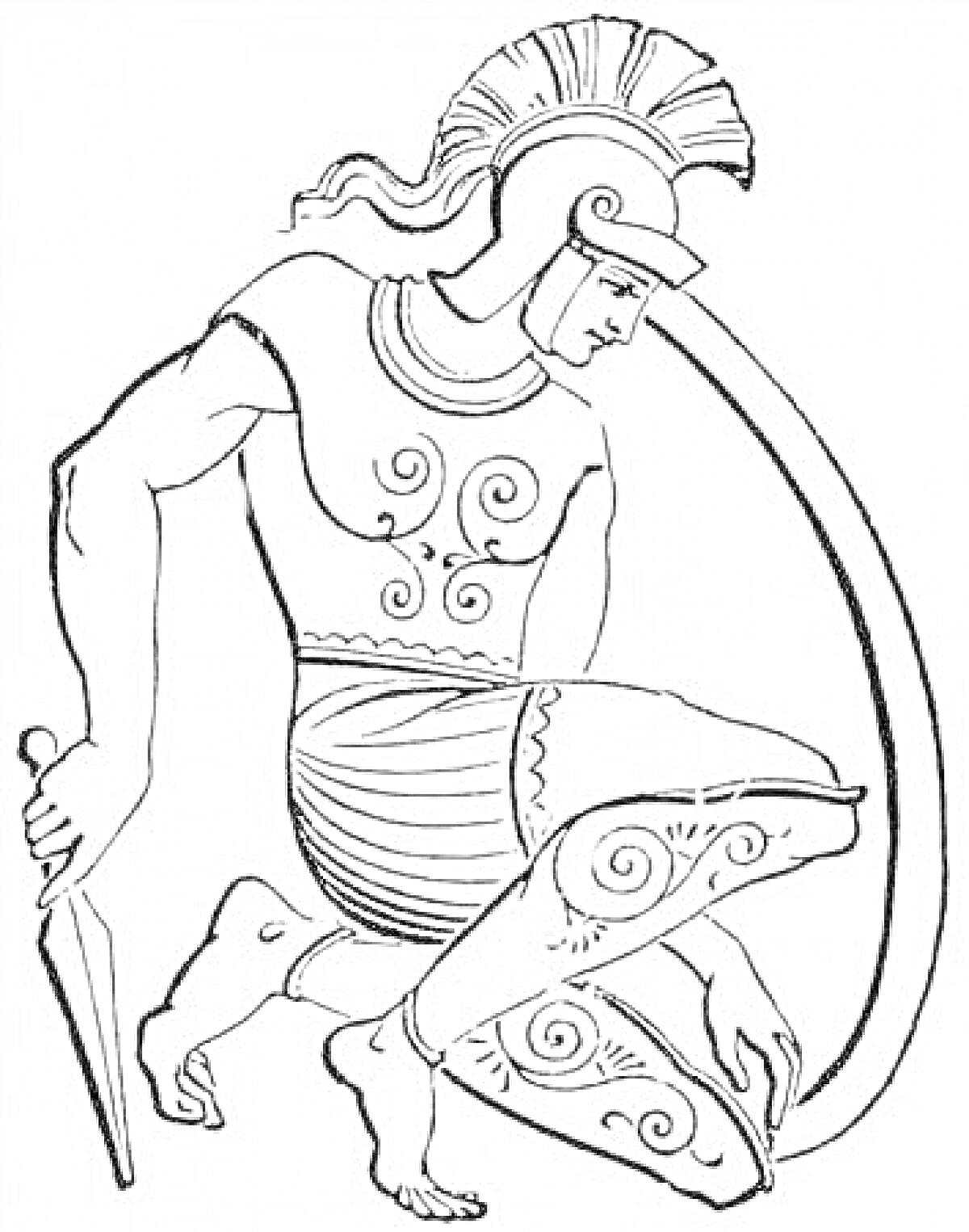 Раскраска Бог Древней Греции в шлеме с гребнем, держащий меч в руке и стоящий на колене