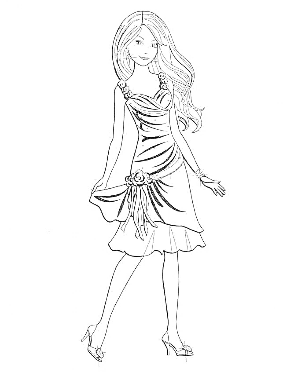 На раскраске изображено: Девочка, Платье, Цветочные украшения, Полный рост, Кудрявые волосы, Высокие каблуки
