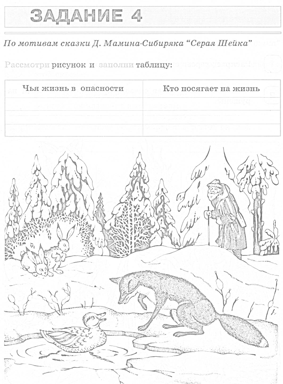 Раскраска Серенькая шейка и лиса на льду, за ними человек с палкой, зайцы в заснеженном лесу