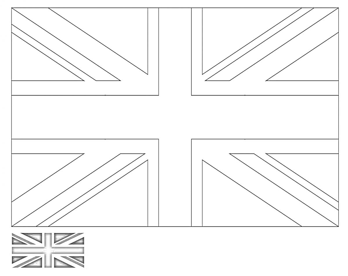 Раскраска флаг Великобритании в виде раскраски с черно-белым миниатюрным изображением внизу