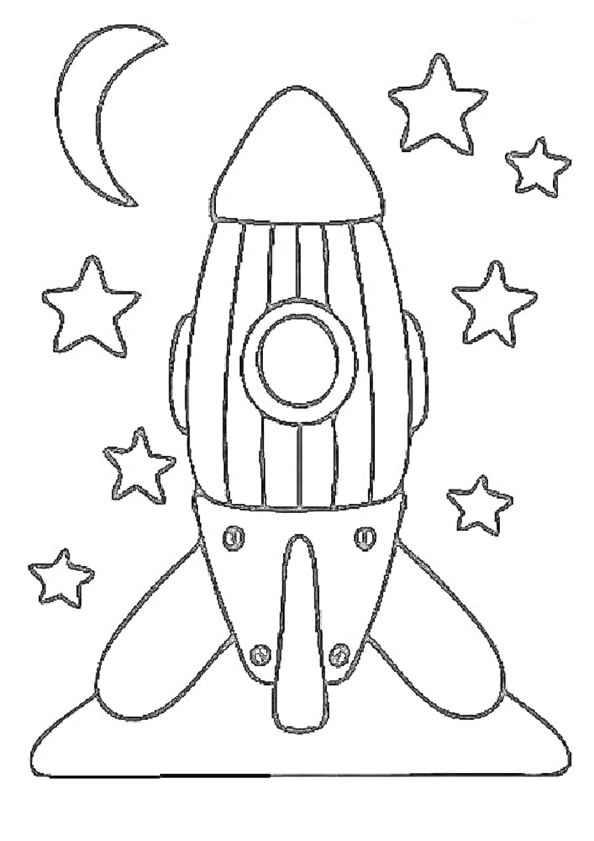 На раскраске изображено: Ракета, Космос, Звезды, Луна, Старт, Космический корабль