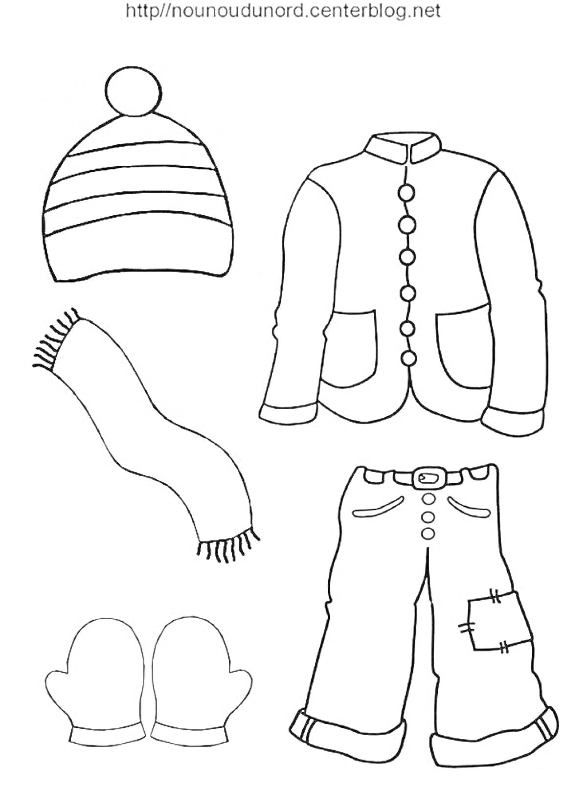 На раскраске изображено: Одежда, Зима, Шапка, Куртка, Шарф, Брюки, Дети 3-4 года