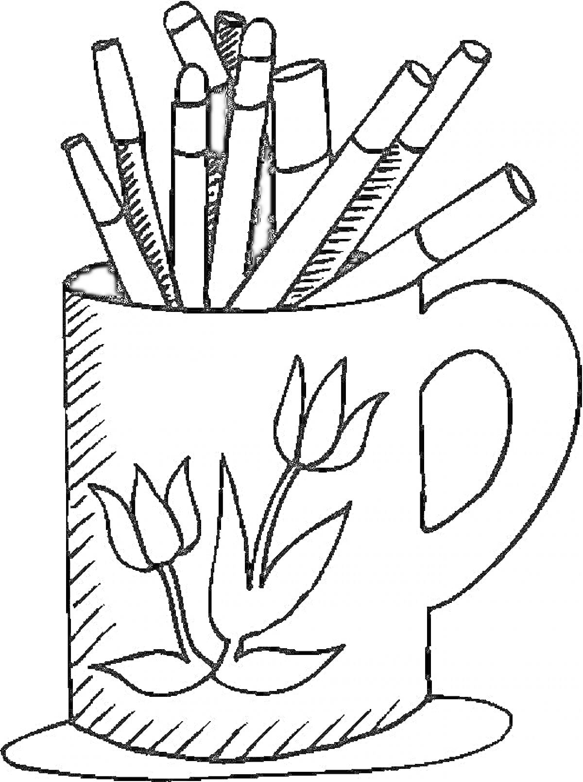 Раскраска Чашка с цветочным узором, полная маркеров