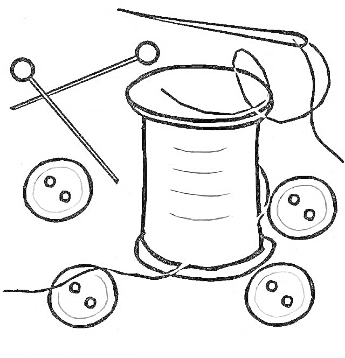 На раскраске изображено: Иголки, Нитки, Катушка, Пуговицы, Шитье, Опасные предметы