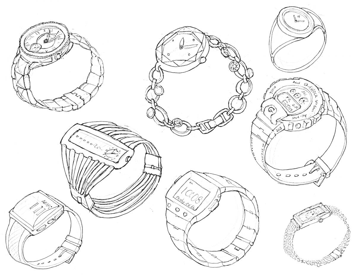 На раскраске изображено: Часы, Наручные часы, Украшения, Ювелирные изделия, Браслет