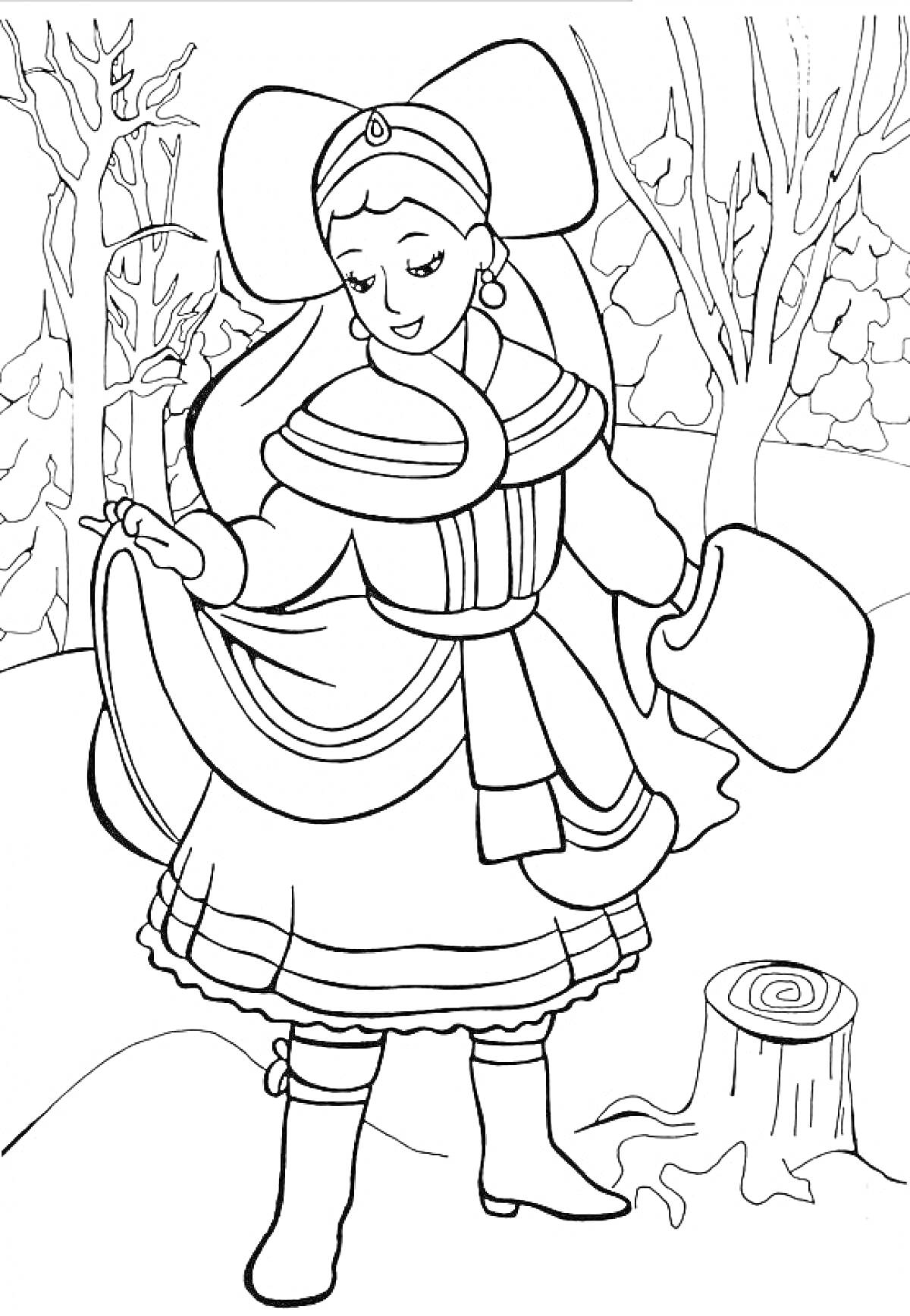 Раскраска Девушка в зимней одежде с большой шапкой и муфтой, стоящая на фоне зимнего леса