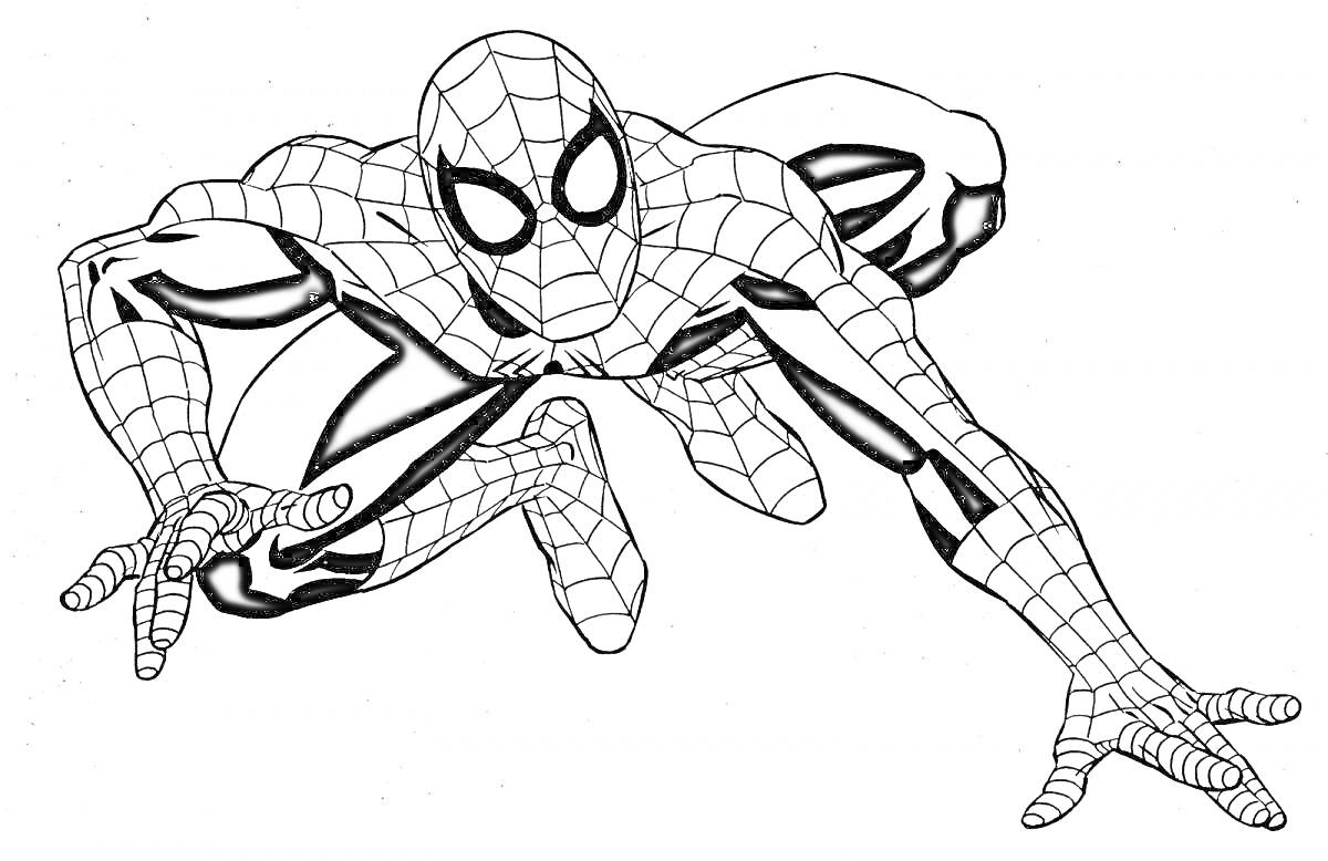 Раскраска Человек-паук в костюме с паутиной на фоне пустого пространства, в динамичной позе