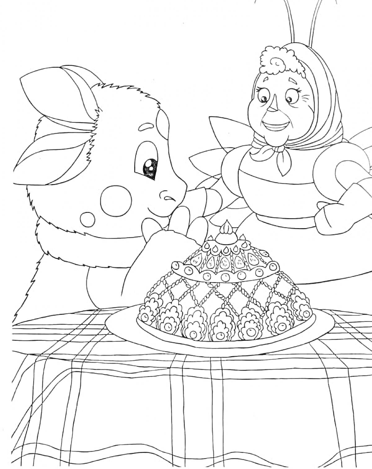 РаскраскаЛунтик и баба Капа за столом с тортом