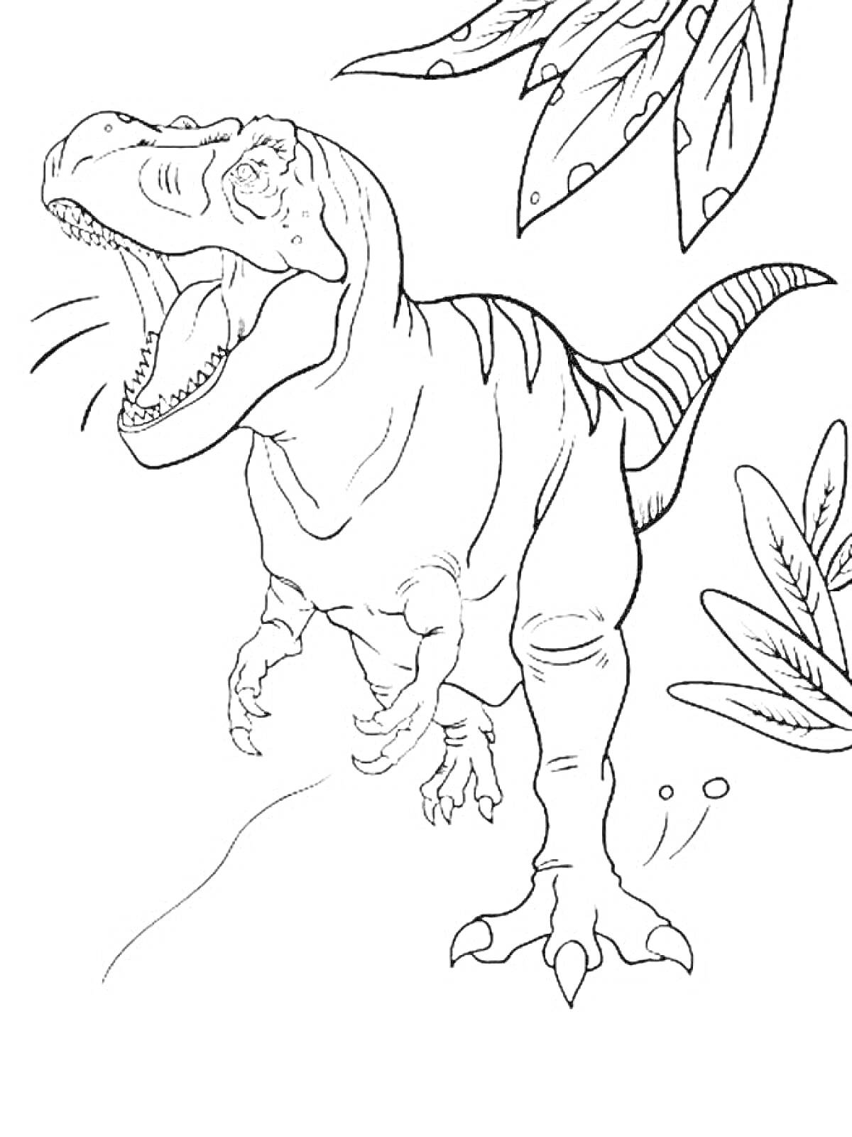 Раскраска тираннозавр рекс с листьями и двумя камнями