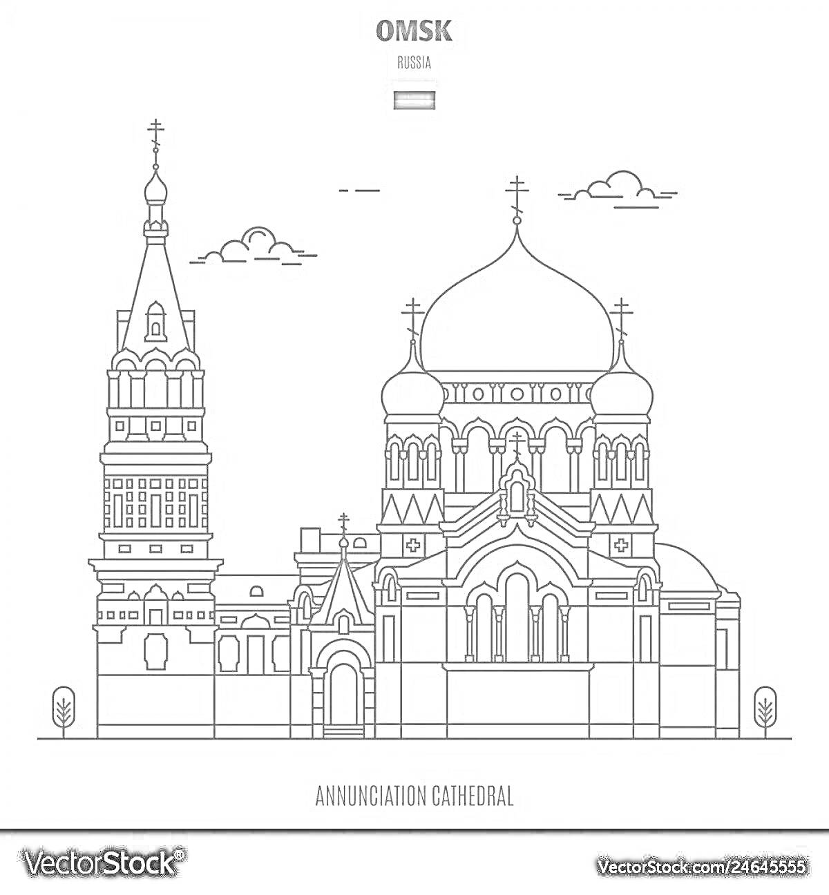 Раскраска Благовещенский Собор в Омске с колокольней на переднем плане и облаками в небе