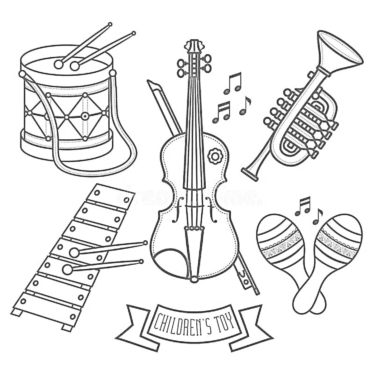 На раскраске изображено: Музыкальные инструменты, Барабан, Скрипка, Труба, Металлофон, Маракасы, Детские игрушки, Музыка
