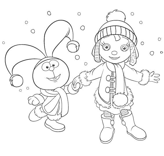 Раскраска Рози и кролик гуляют в снегу в зимней одежде
