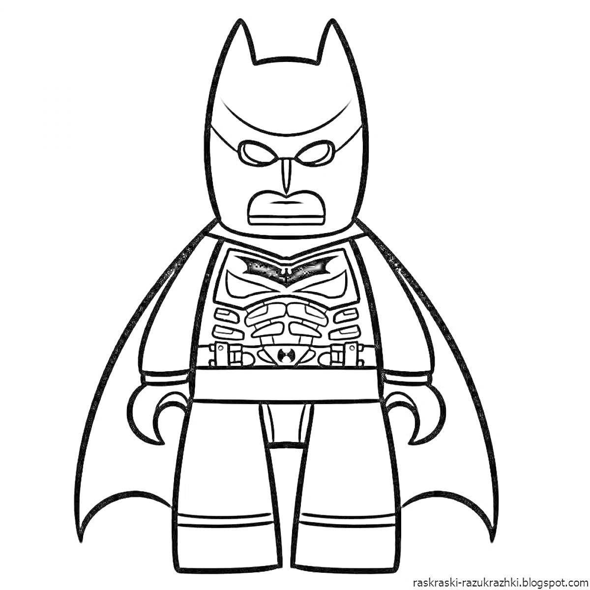 На раскраске изображено: Лего, Бэтмен, Плащ, Маска, Для мальчиков, 6 лет, Супергерои