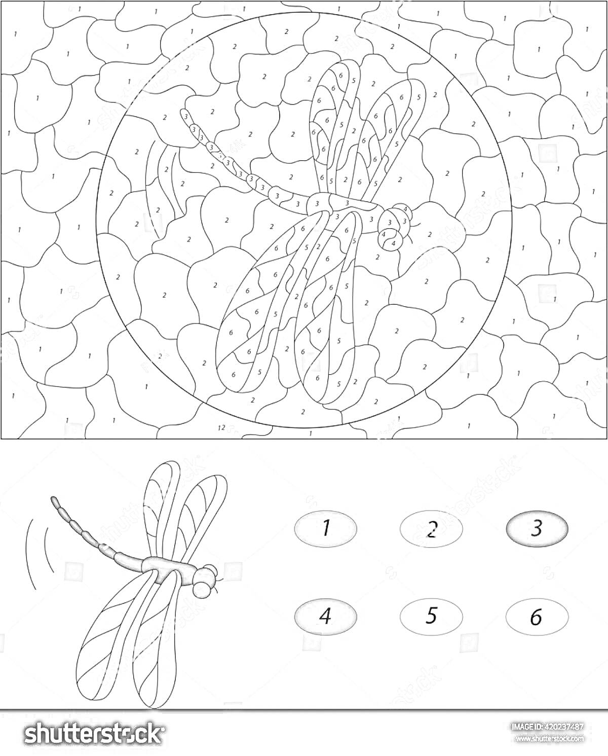 Раскраска Раскраска по номерам: стрекоза на фоне мозаики
