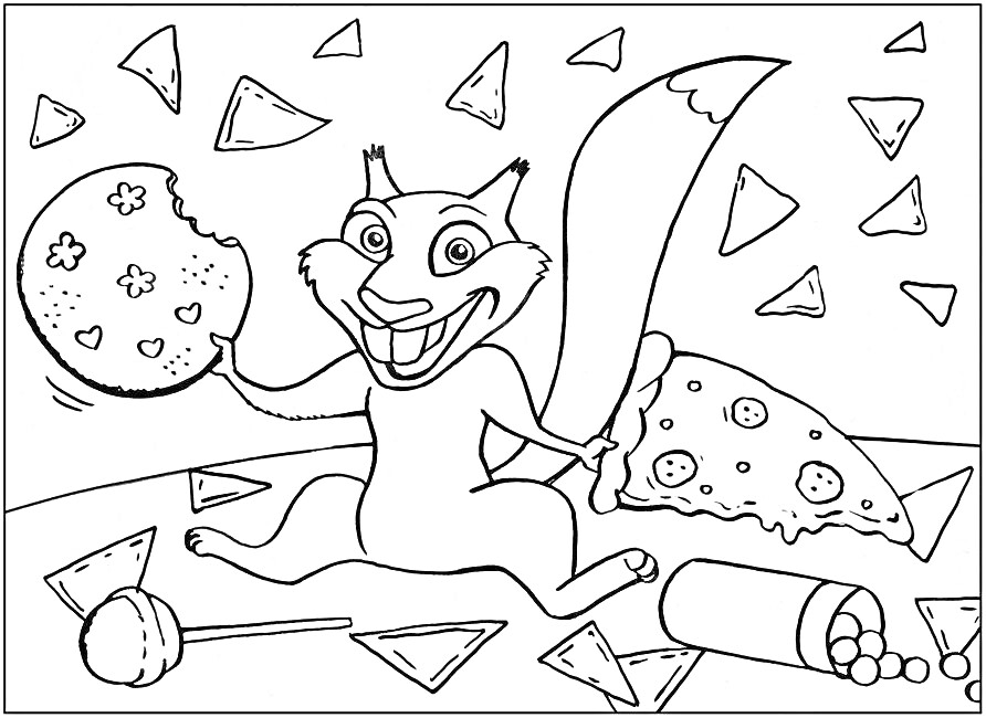 Раскраска Белка с печеньем, пиццей и конфетами в лесу