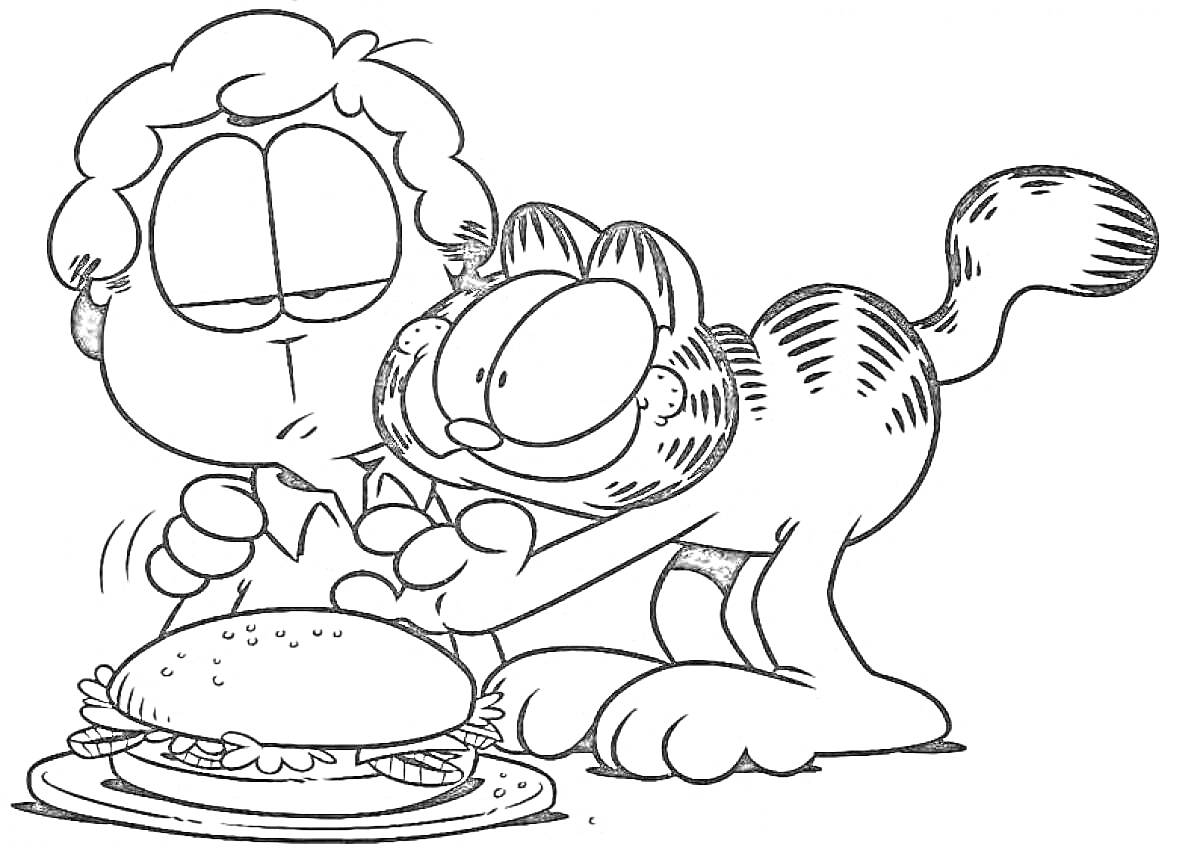 На раскраске изображено: Бутерброд, Тарелка, Кот, Человек, Еда, Персонаж, Комиксы