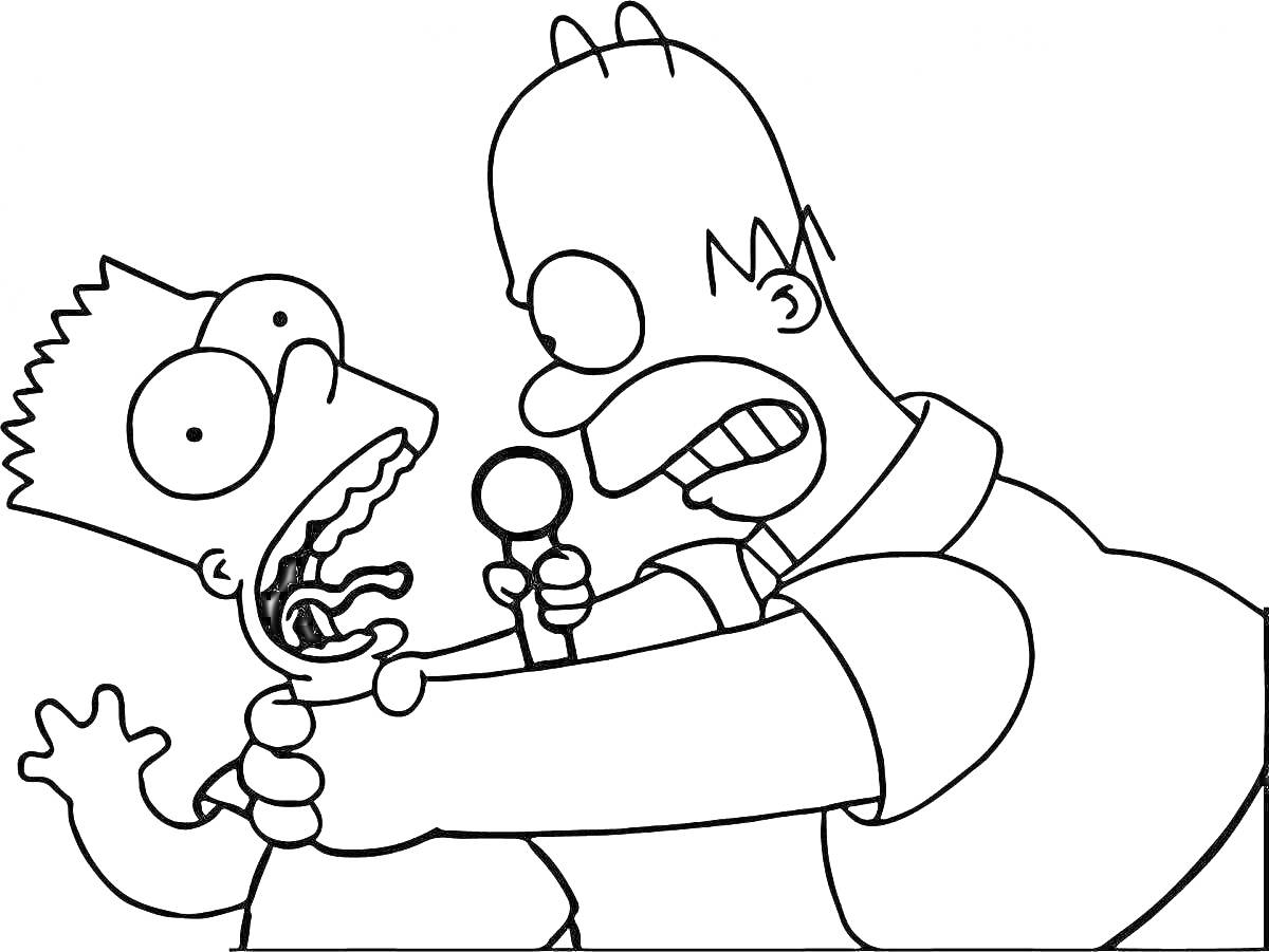 На раскраске изображено: Симпсоны, Гомер Симпсон, Барт Симпсон