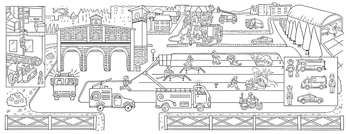 Раскраска городская сцена с различными видами транспорта, включая легковые автомобили, пожарные машины, автобусы, трамвай, а также сцены с ремонтными работами и пешеходами