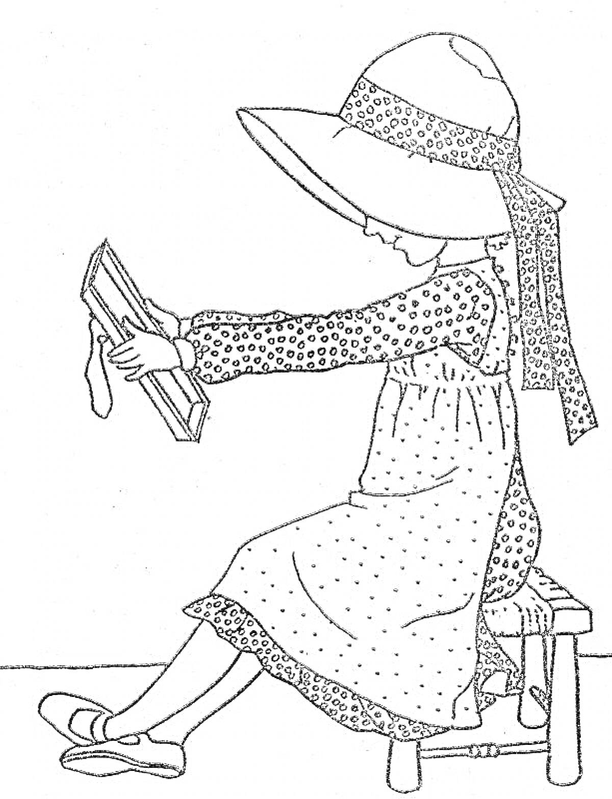 Раскраска Девочка в шляпе и платье с узором сидит на табуретке и читает книгу