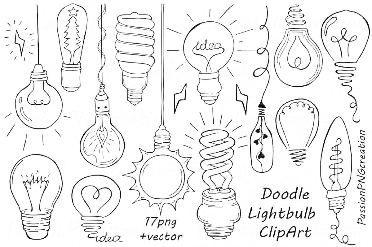 Набор скетчей лампочек с разнообразными дизайнами, включая лампы накаливания, спиральные лампы, лампы с идеями внутри и декоративные лампы.