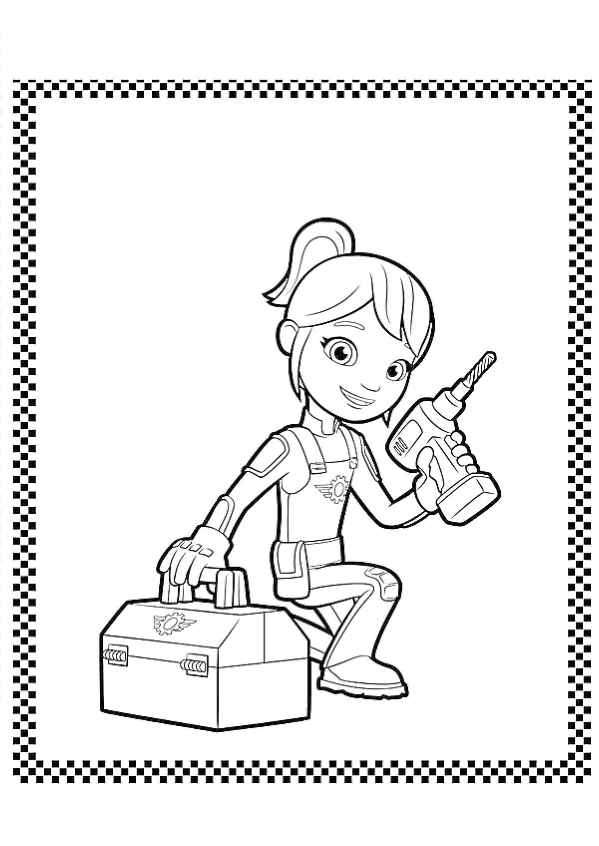 Девочка с высоким хвостиком держит дрель и ящик для инструментов