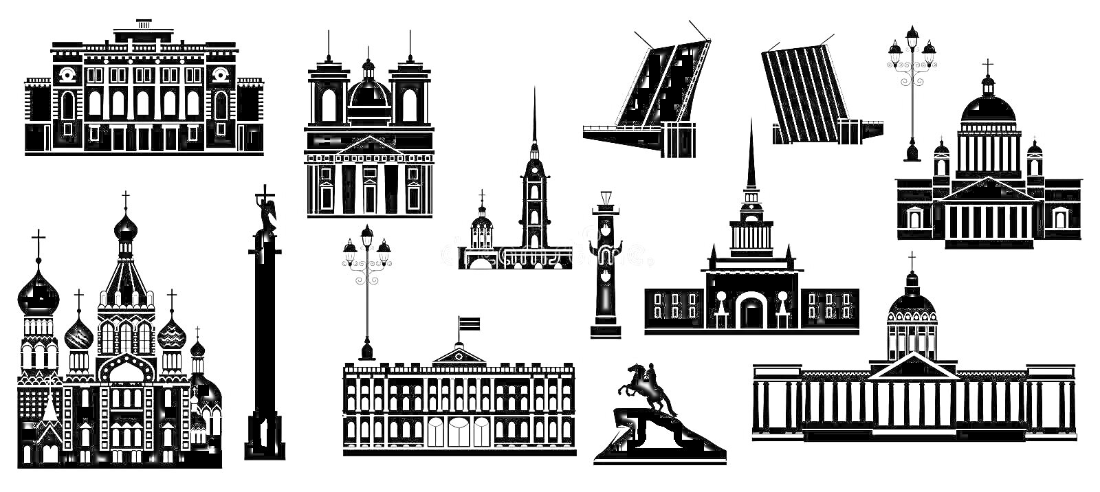 Раскраска Архитектурные памятники Санкт-Петербурга, включая здания, мосты и памятники