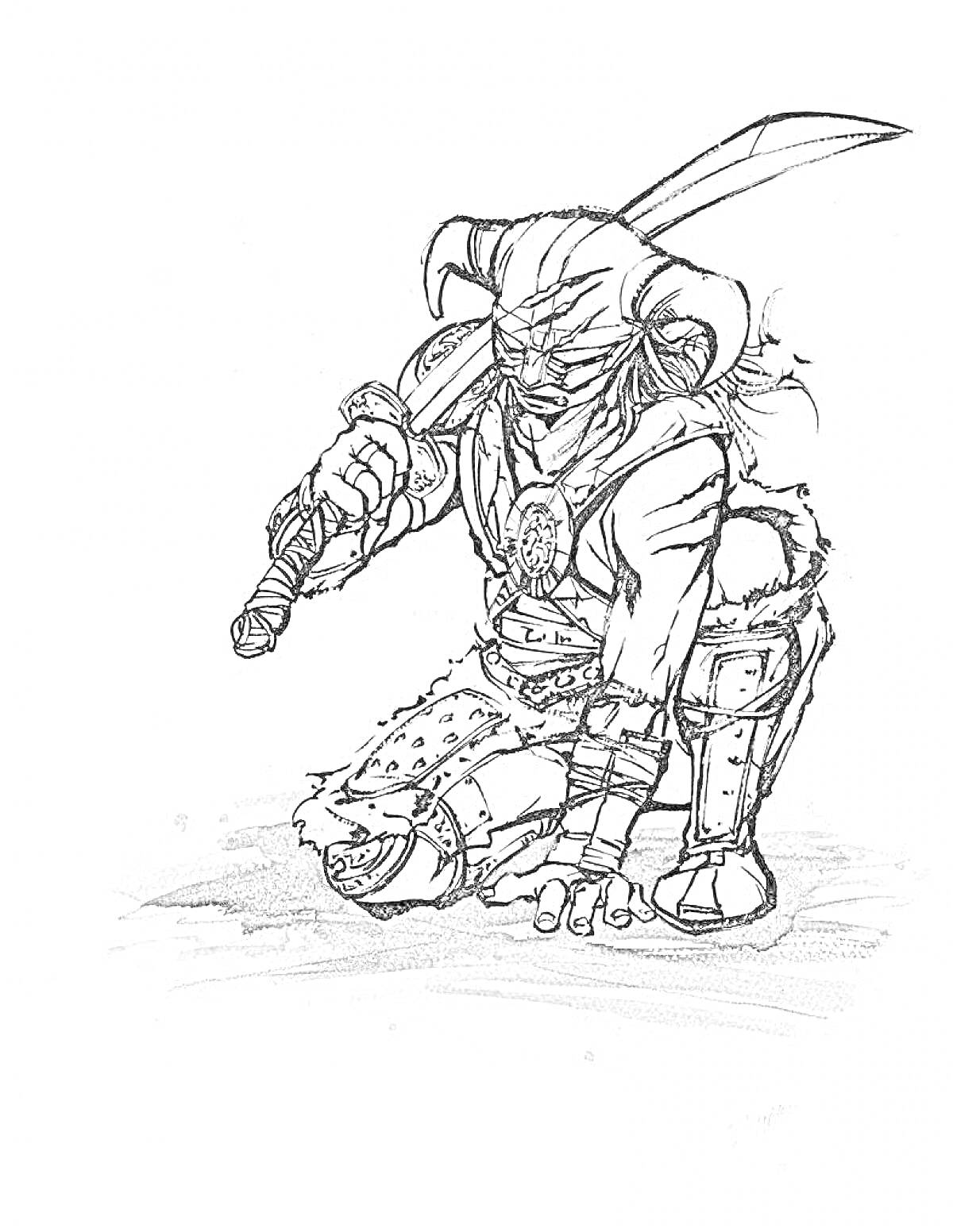 Раскраска Воин в шлеме с рогами, с мечом, в броне, на одном колене