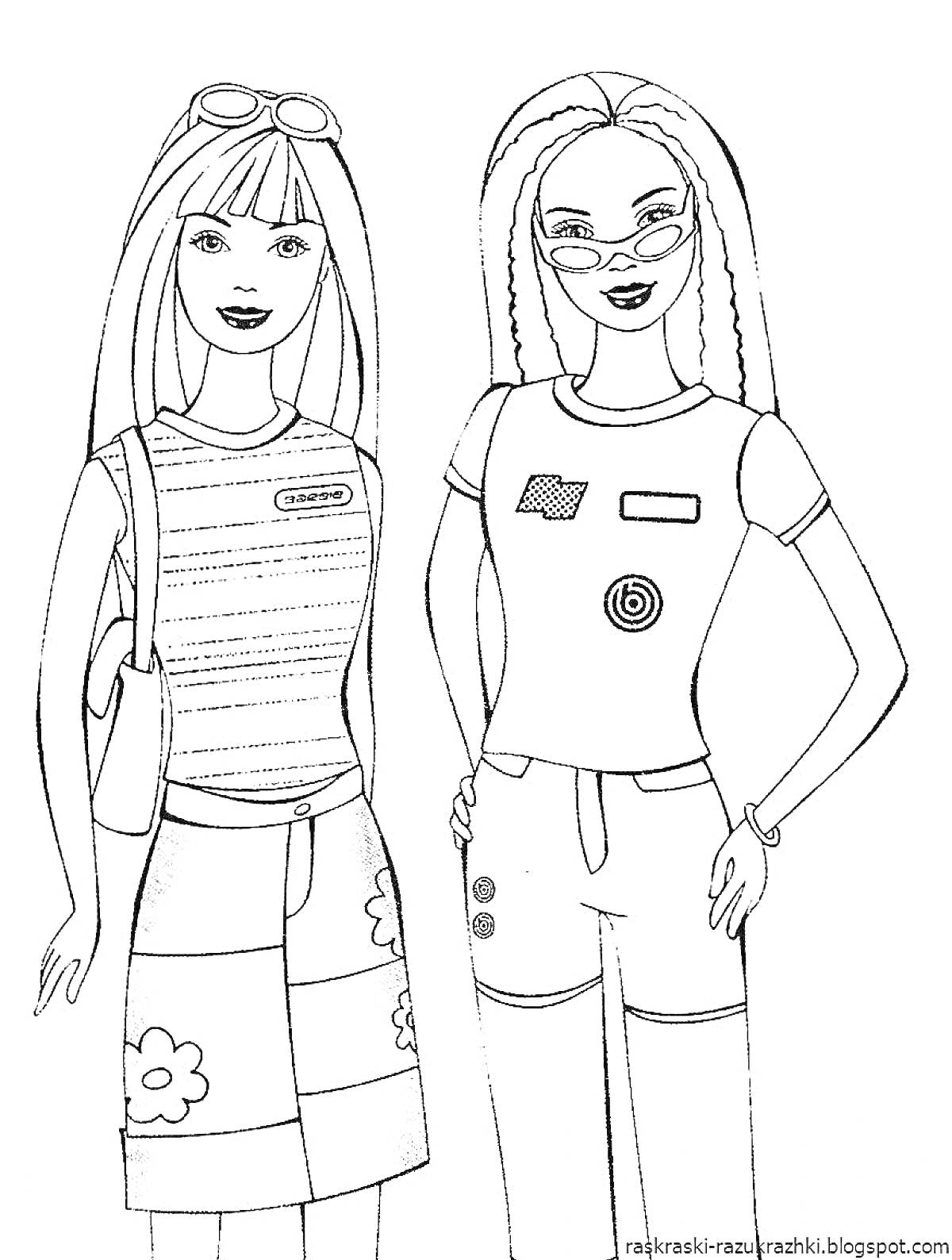Раскраска Две модные девушки в летней одежде