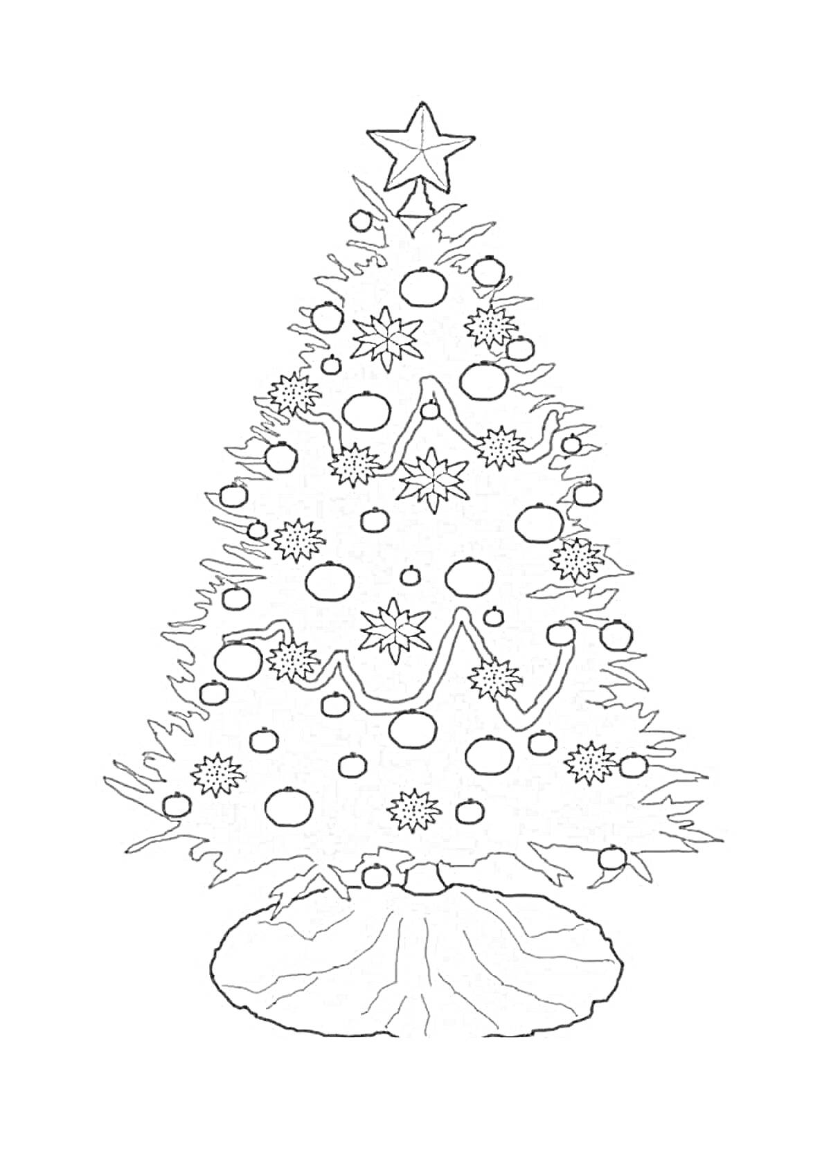 Раскраска новогодняя елка с украшениями и звездой на вершине