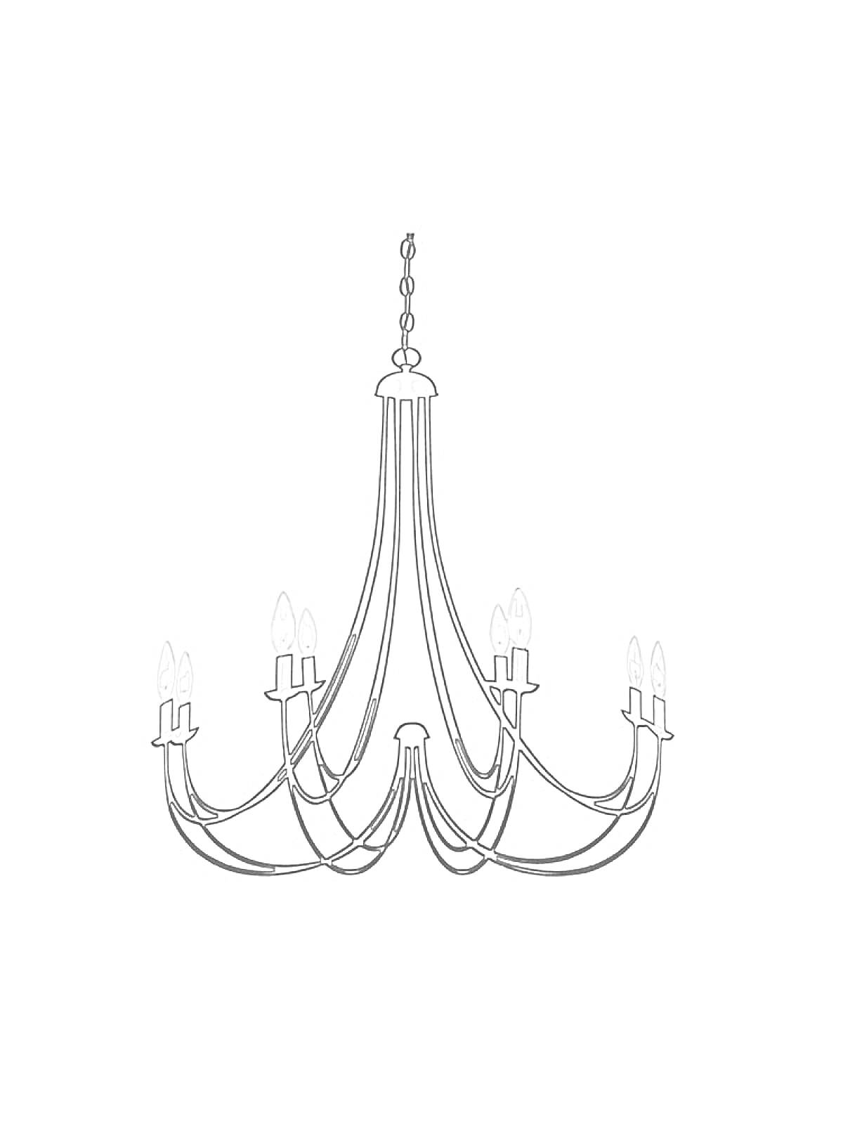 Люстра с восьмью лампами на восьми изогнутых держателях, соединённых цепью на верхушке