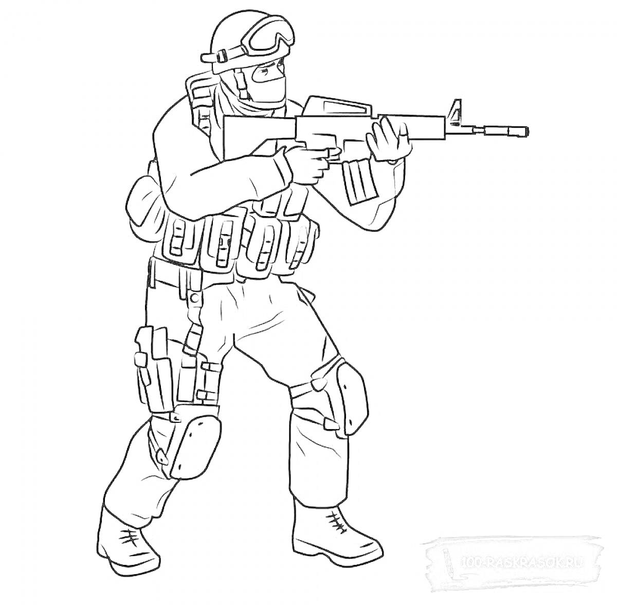 Раскраска Солдат с автоматом в боевой экипировке