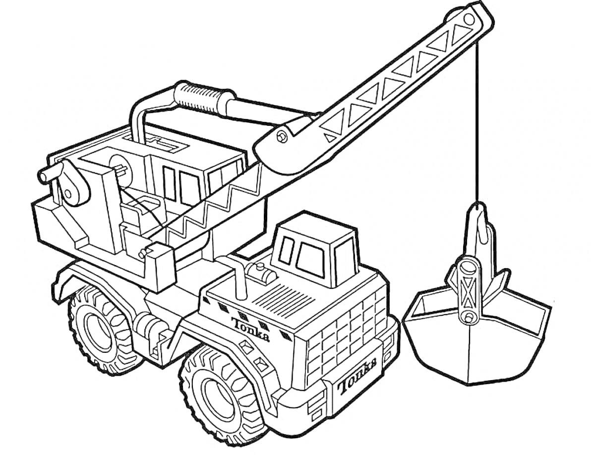 На раскраске изображено: Экскаватор, Подъемный кран, Ковш, Строительная техника