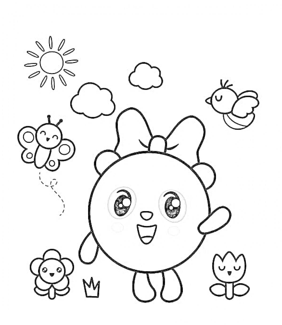 Раскраска малышарики при игре с солнцем, облаками, бабочкой, птицей, короной и цветами