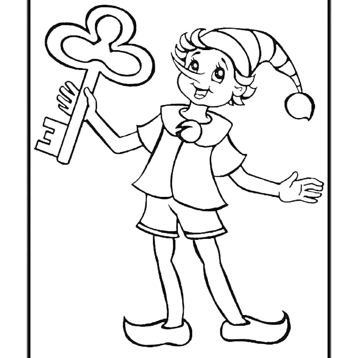 На раскраске изображено: Ключ, Мальчик, Шапка с помпоном, Улыбка, Буратино, Сказочные персонажи