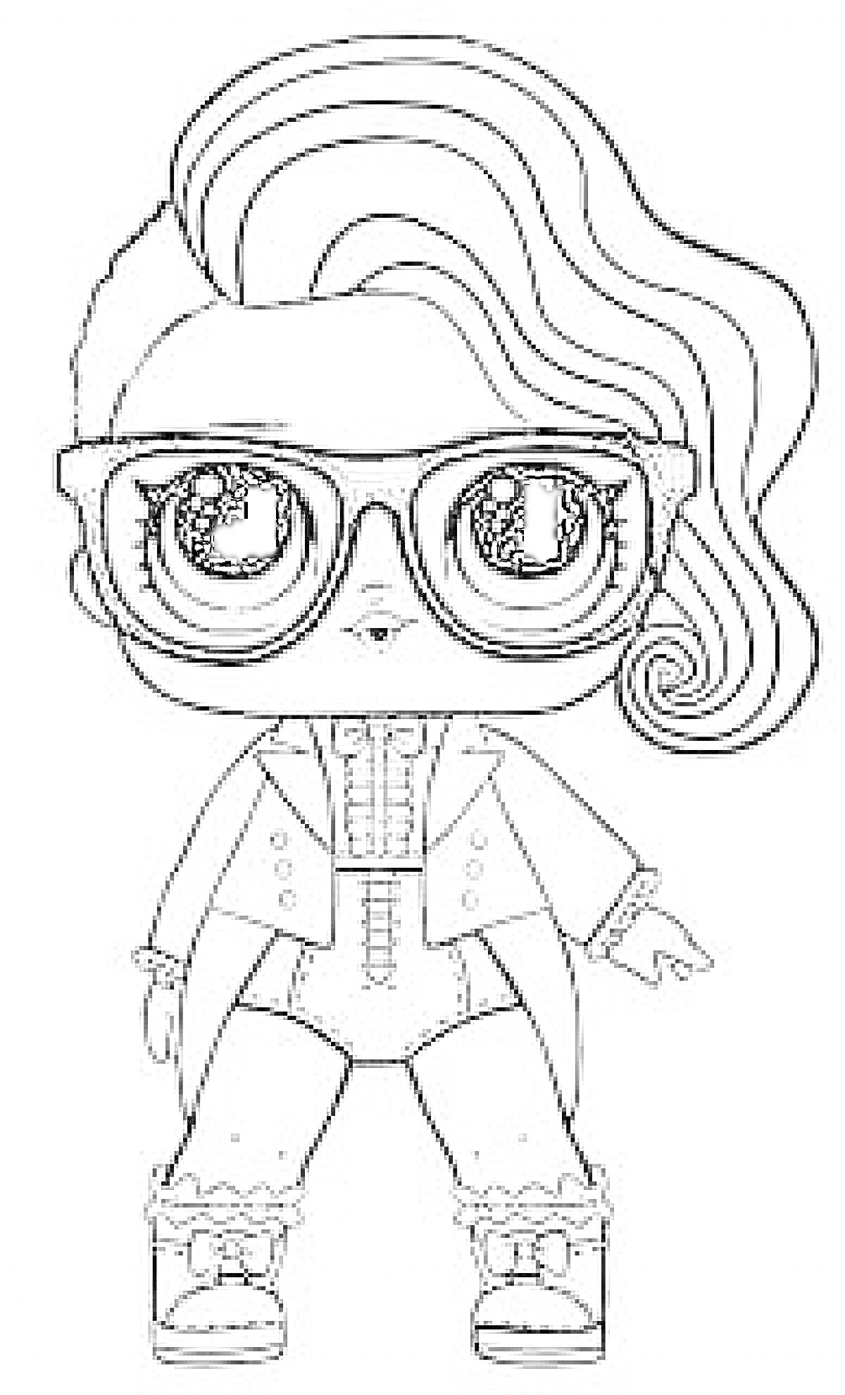 Раскраска Кукла Лол в очках с прической набок, в пальто, обуви с бантиками