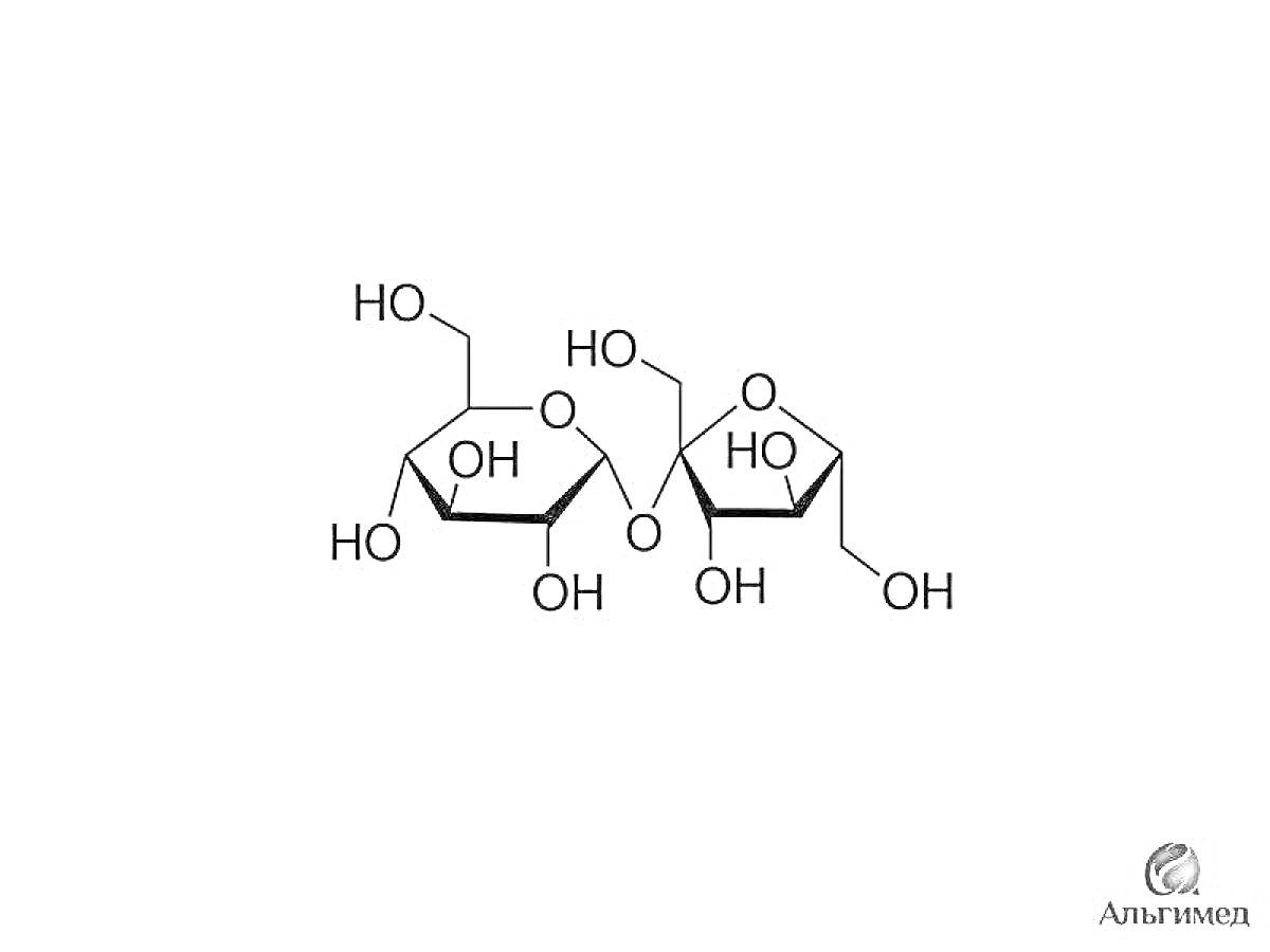 Раскраска Структурная формула сахарозы с химическими элементами (углерод, кислород, водород)