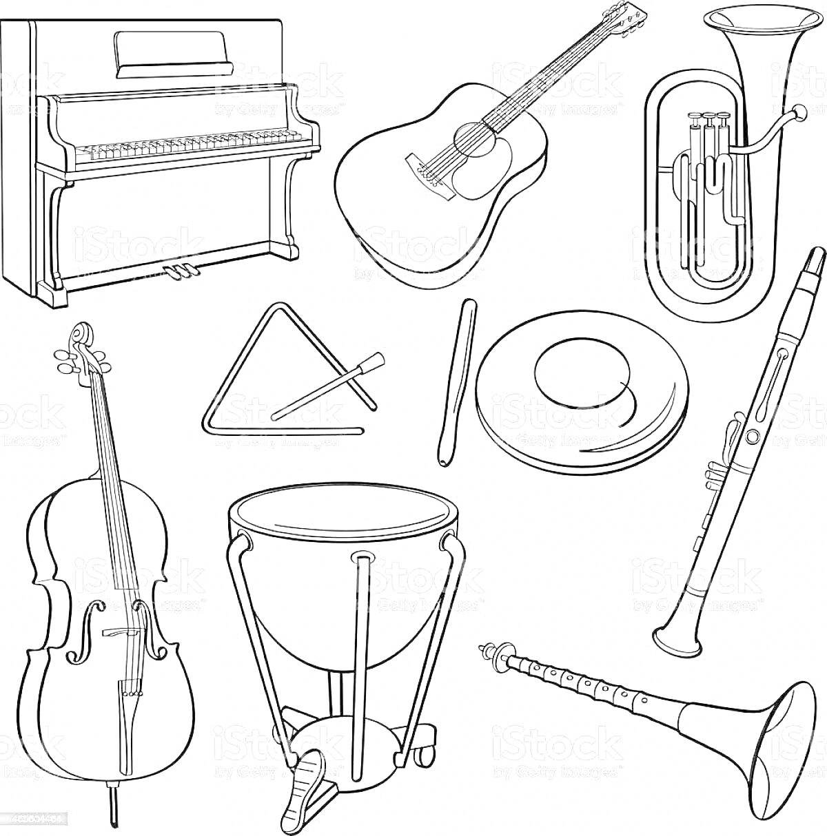 На раскраске изображено: Оркестр, Пианино, Гитара, Барабан, Тарелка, Виолончель, Музыка, Музыкальные инструменты, Инструмент, Треугольники