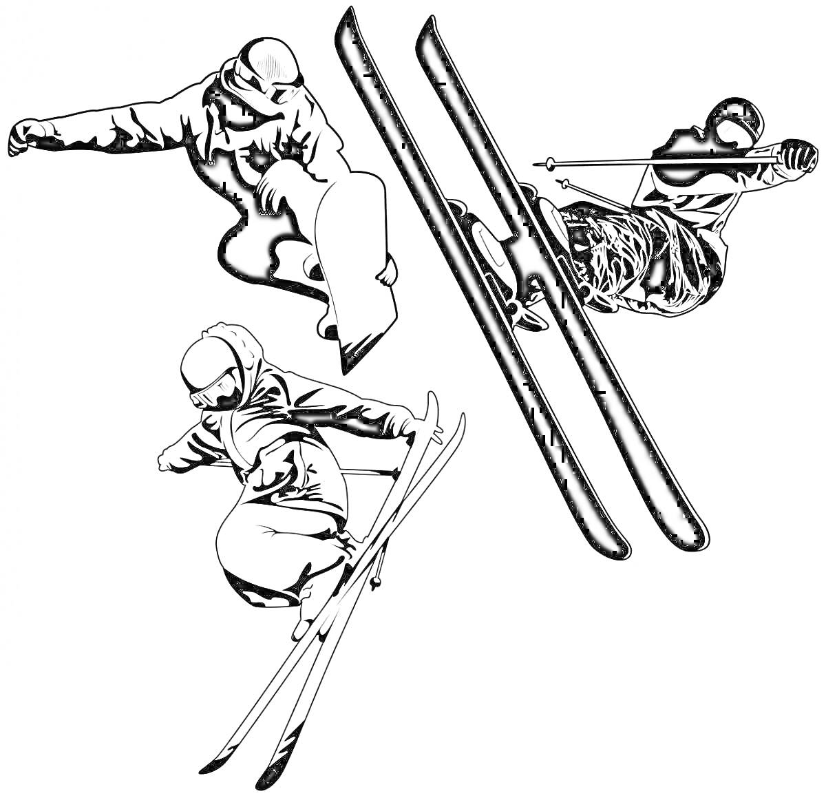 Раскраска Группа горнолыжников в прыжке на лыжах и сноуборде
