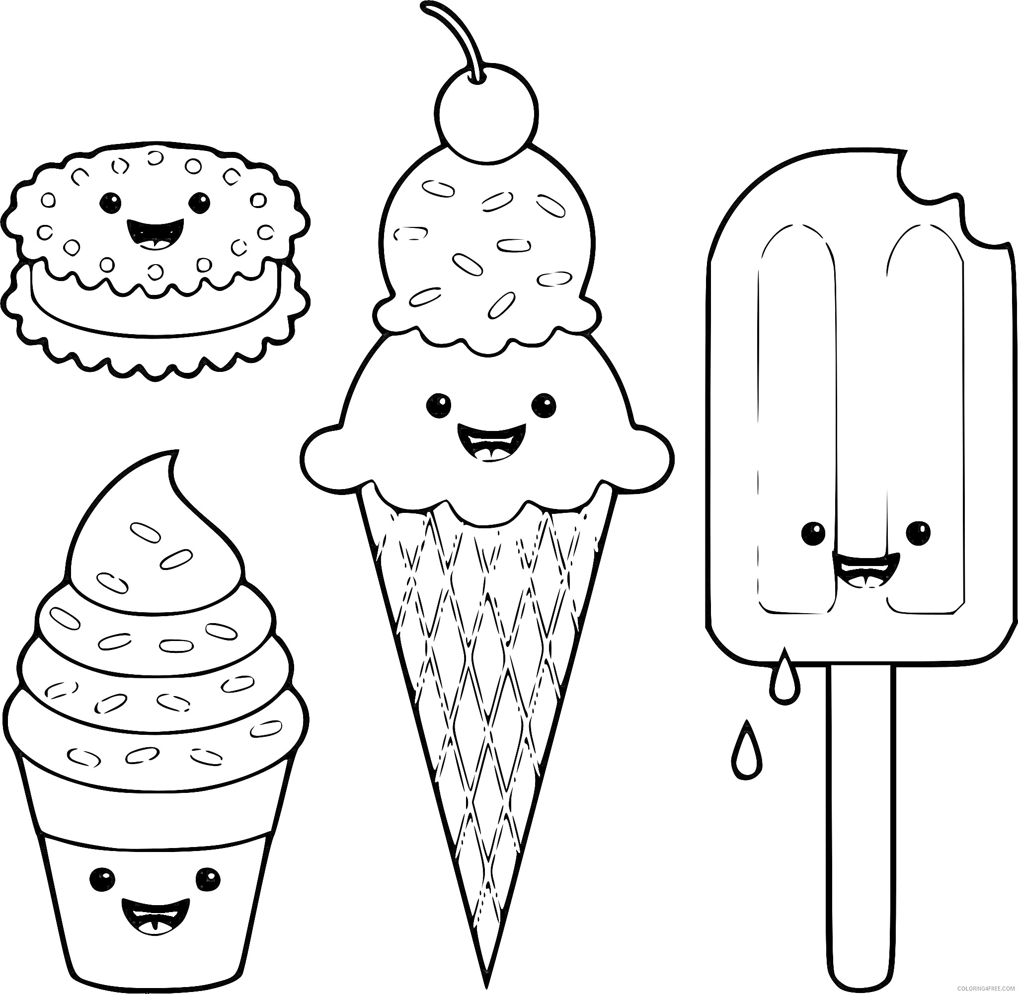 Кавайные сладости с лицами: пирожное, вафельный рожок с мороженым и вишней, эскимо с каплями, мороженое в стаканчике