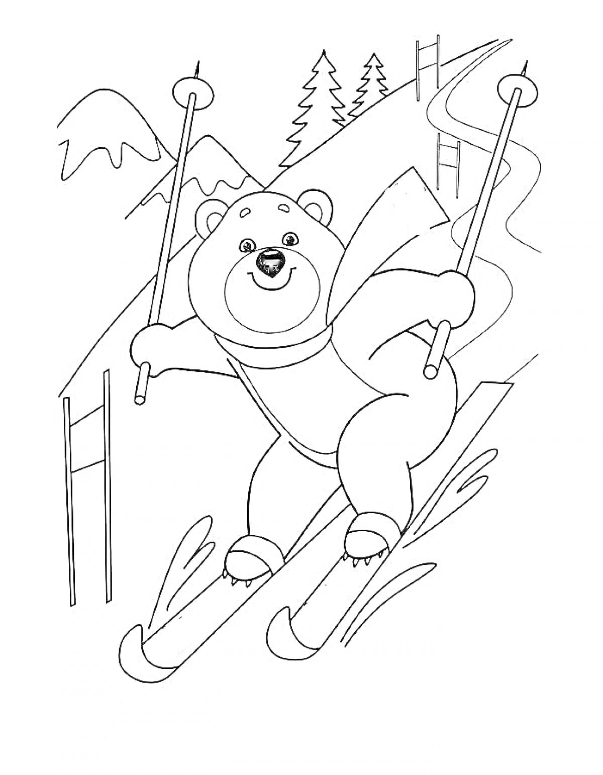 На раскраске изображено: Олимпийские игры, Лыжи, Медведь, Зимний спорт, Горы, Деревья, Снег