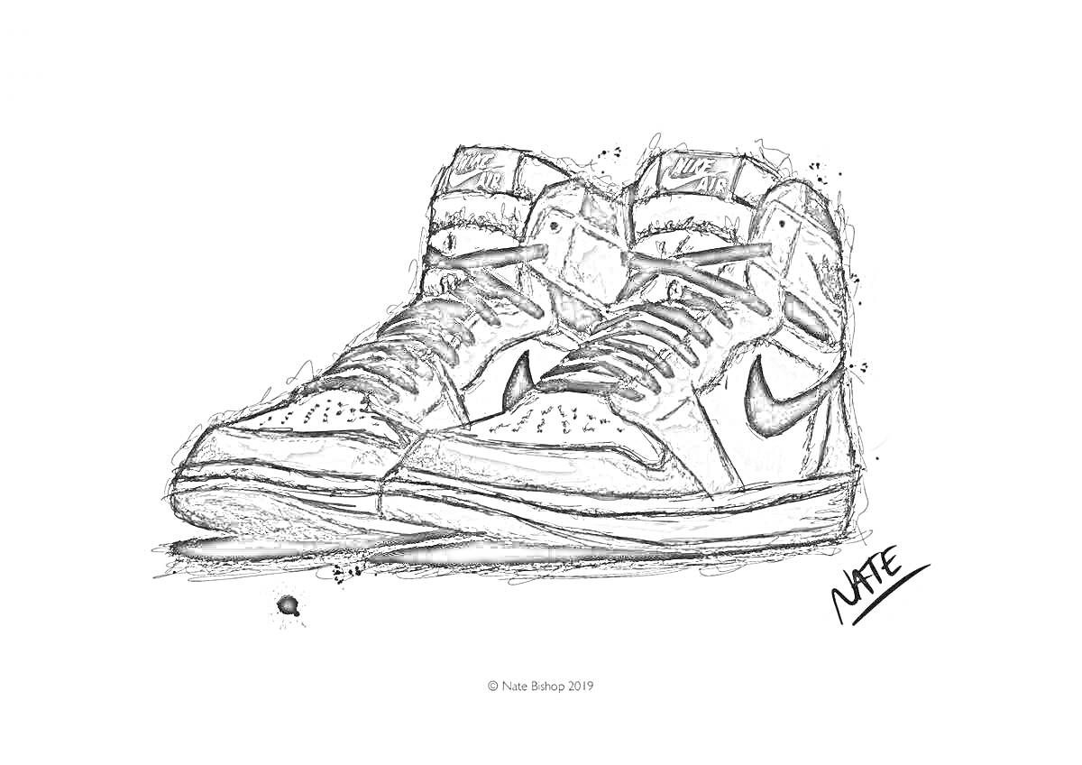 На раскраске изображено: Кроссовки, Обувь, Спорт, Мода