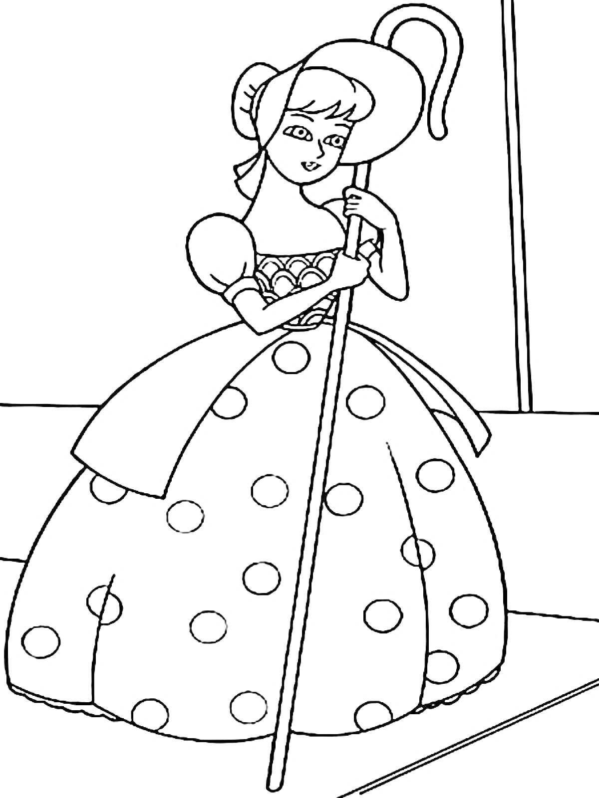 Раскраска Кукла с посохом в бальном платье с крупными кругами