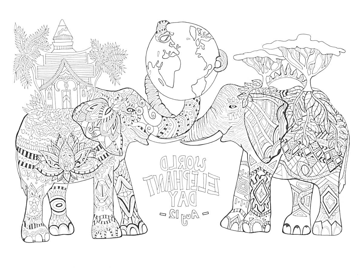Раскраска Две украшенные слона с поднятыми хоботами, символизирующие День Слона, на фоне здания с пальмами и с рисунком земли