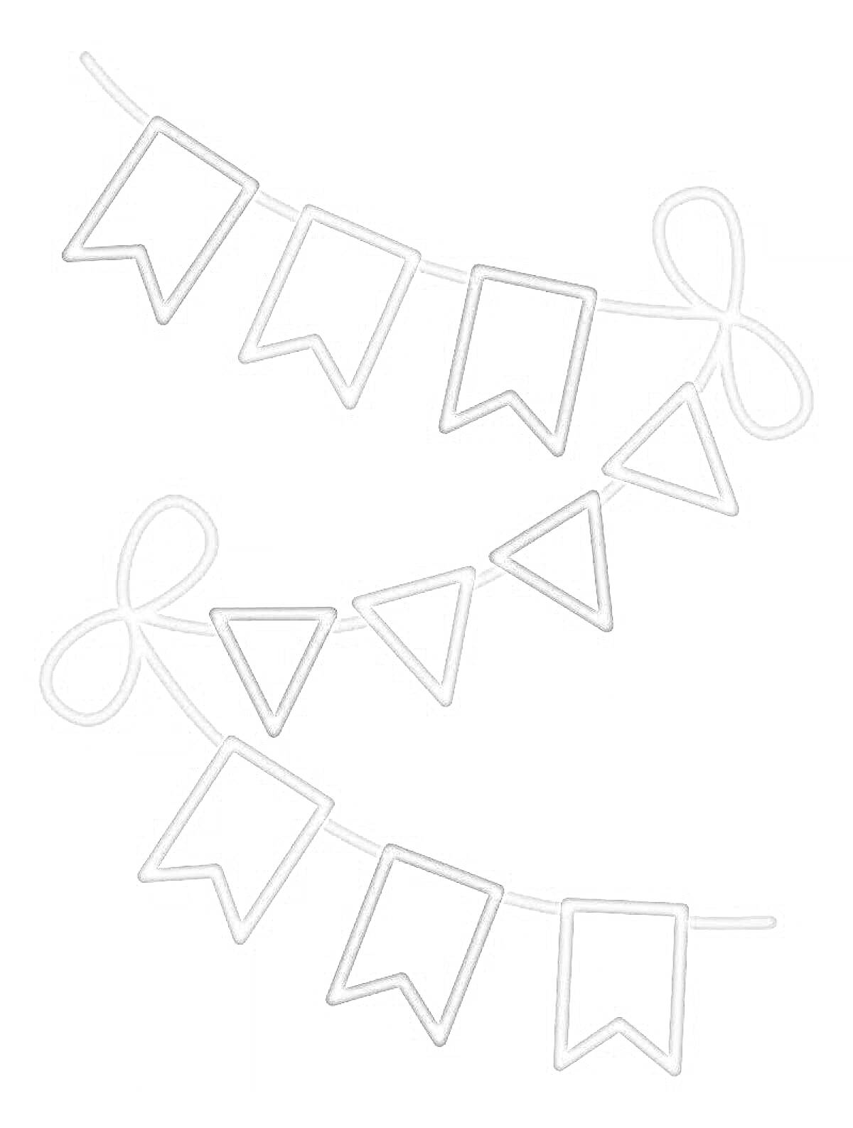 Раскраска Флажки на ниточке в виде флажков и треугольников с бантиками