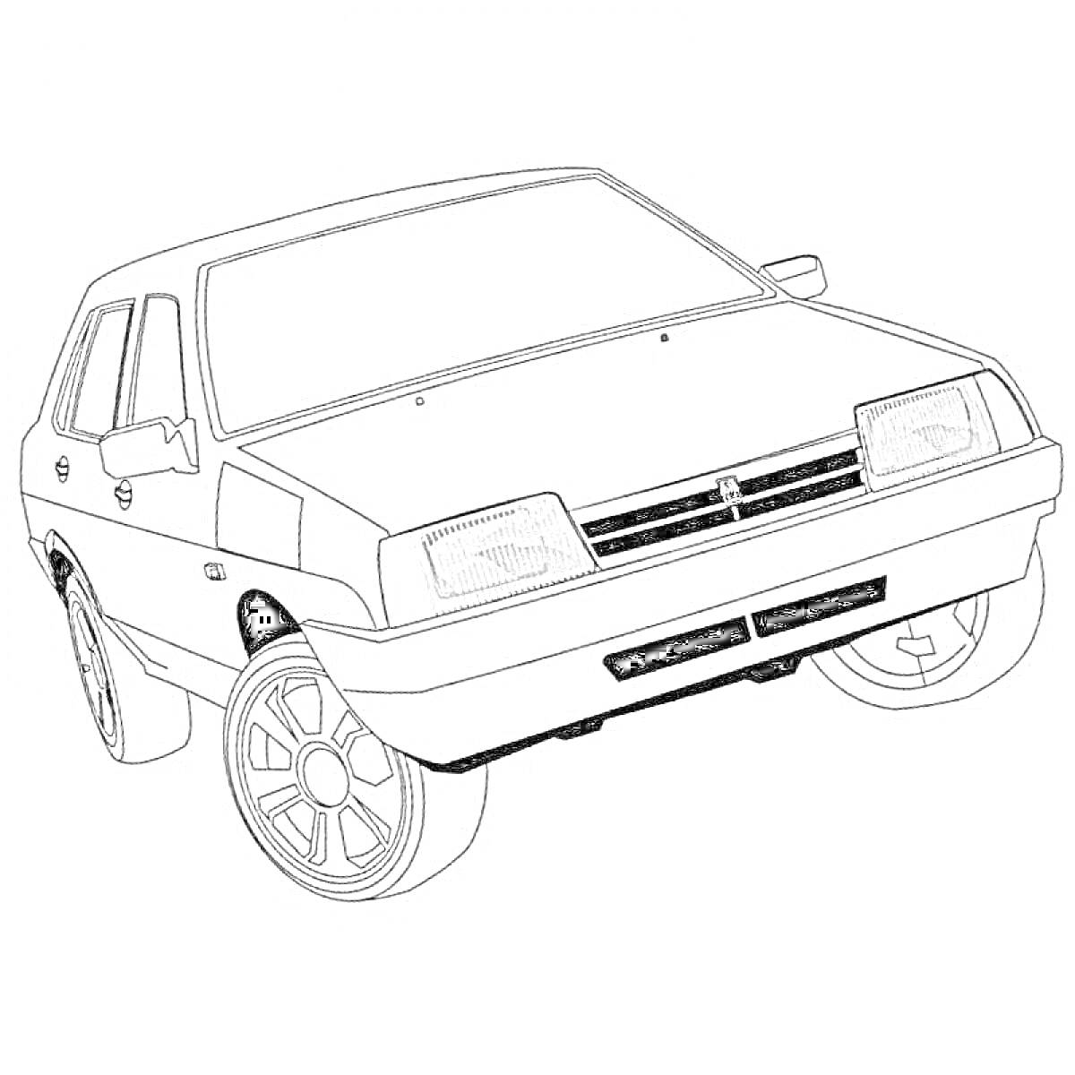 Раскраска Автомобиль ВАЗ, вид спереди и сбоку, на белом фоне, без деталей салона