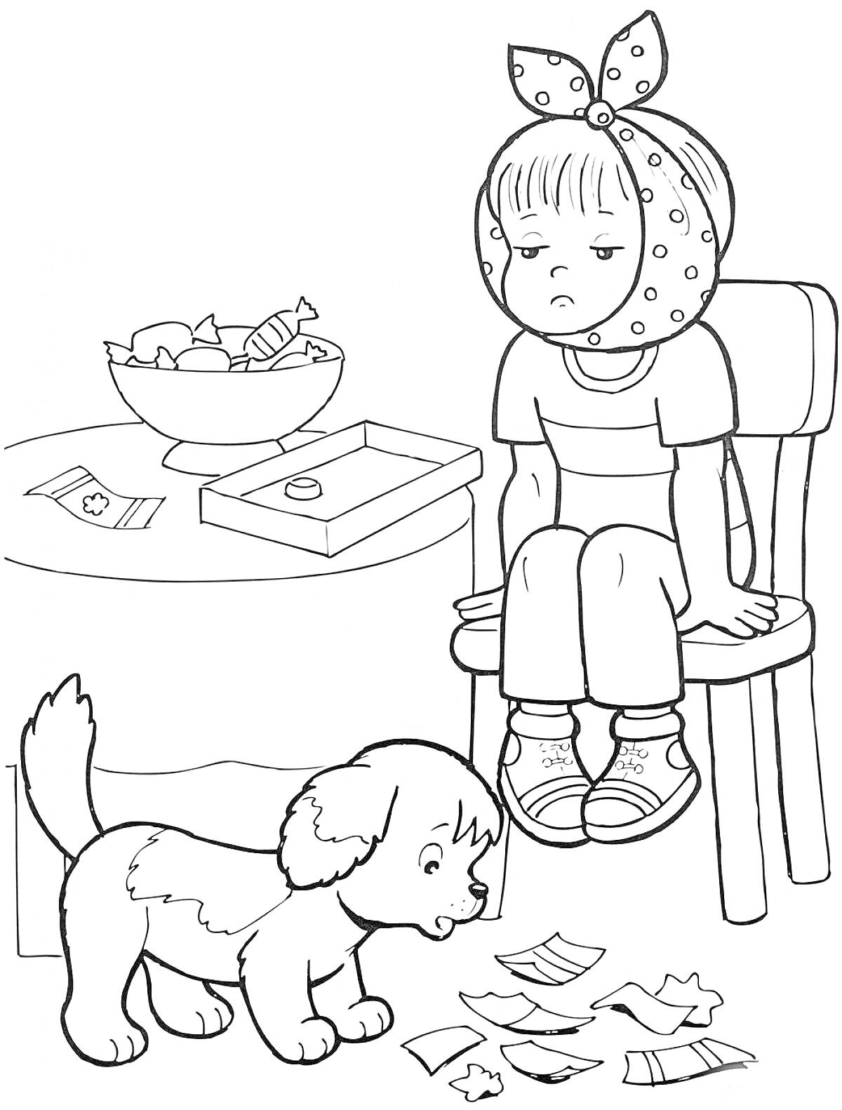 Раскраска Девочка на стуле с повязкой на голове, стол с лекарствами и конфетами, щенок на полу