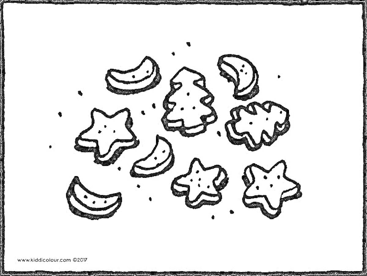 Раскраска Печенье в форме звезд, полумесяцев и елочек