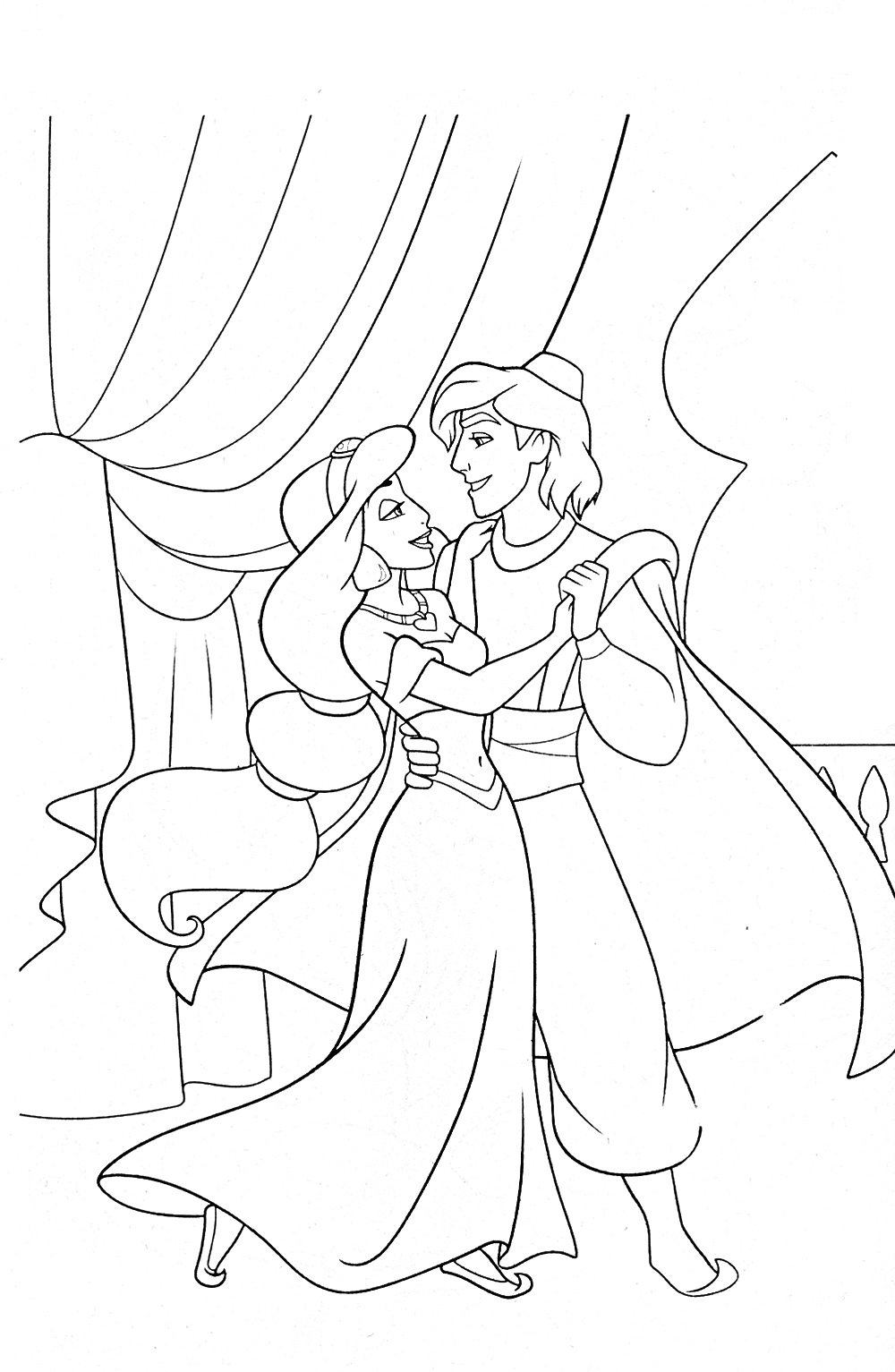 Раскраска Аладдин и Жасмин танцуют во дворце перед занавесом