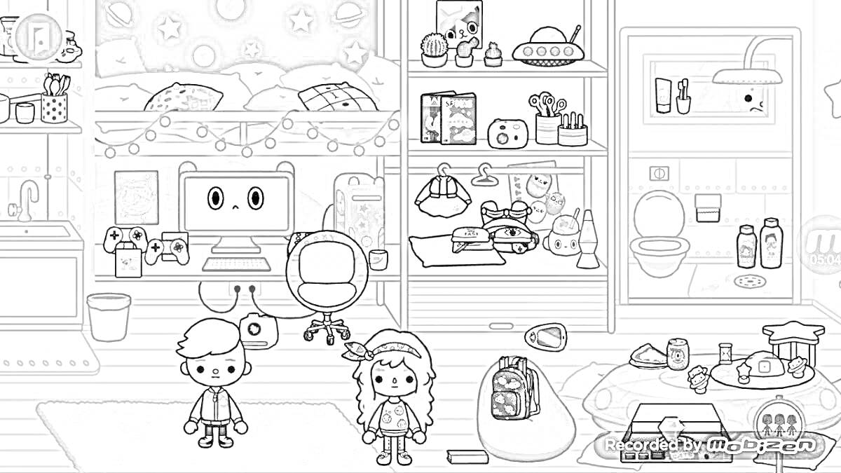 Раскраска Комната в доме «Тока Бока» с персонажами, мебелью, игровой приставкой и книжной полкой.