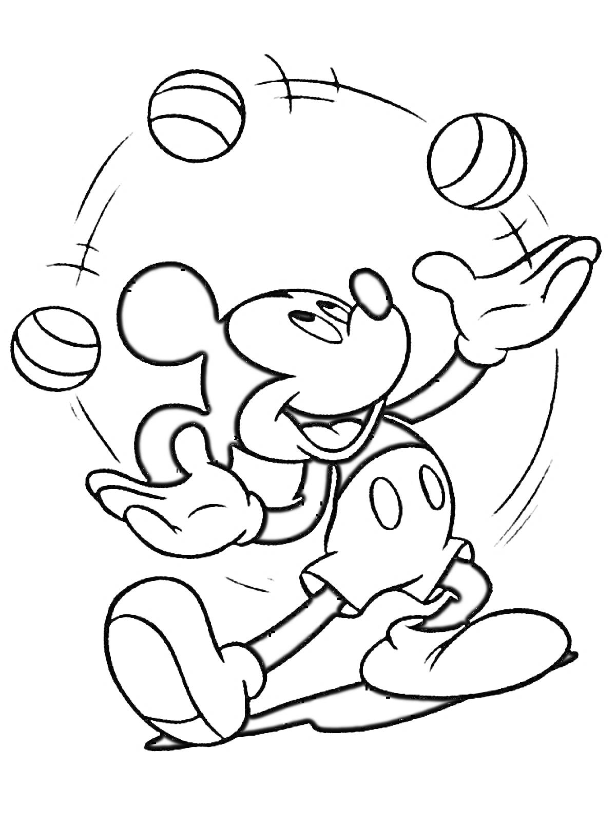 Раскраска Микки Маус жонглирует тремя мячами